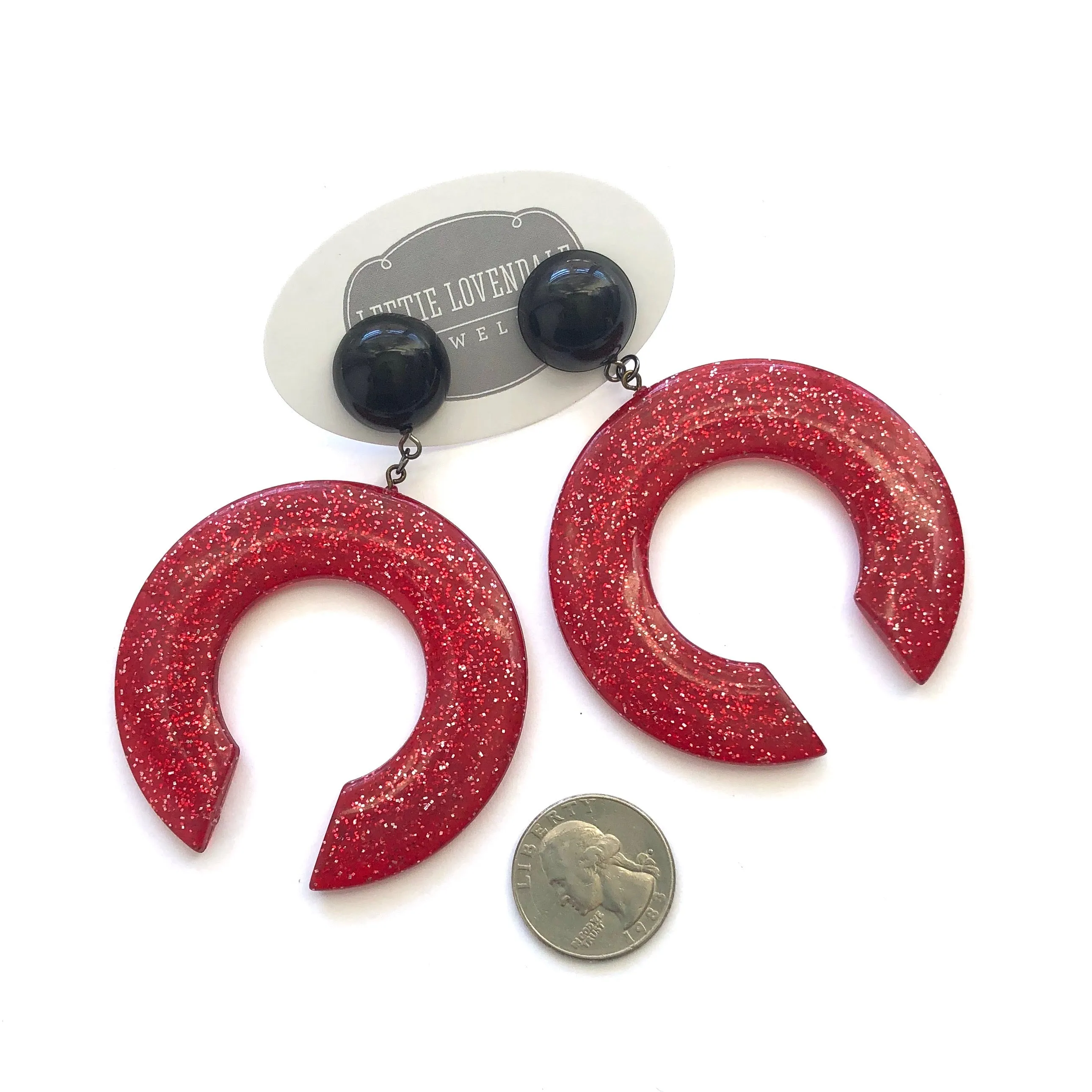 Red Glitter & Black Extra Large Crescent Drop Earrings *
