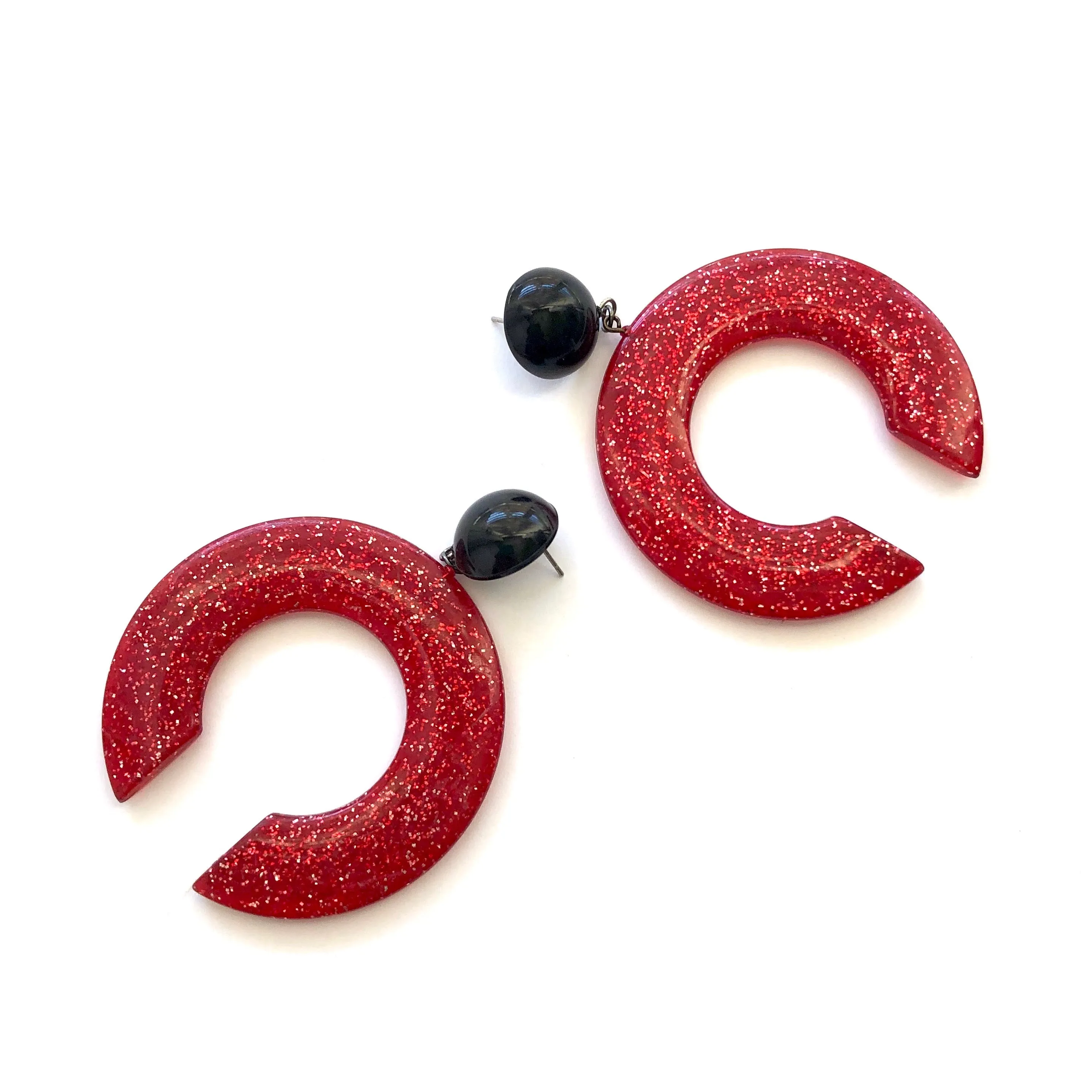 Red Glitter & Black Extra Large Crescent Drop Earrings *