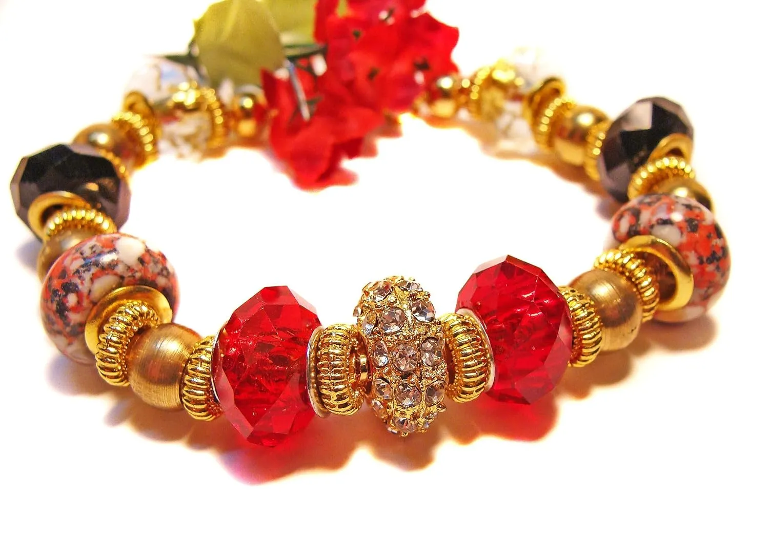 Red, Gold and Black Euro-Style Beaded Bracelet with Crystals