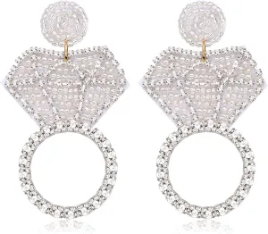 Rhinestone Wedding Bridal Earrings for Women Handmade Wedding Diamond Ring Beaded Drop Earrings Fun Statement Engagement Ring Dangle Earrings Bachelorette Party Jewelry Gifts