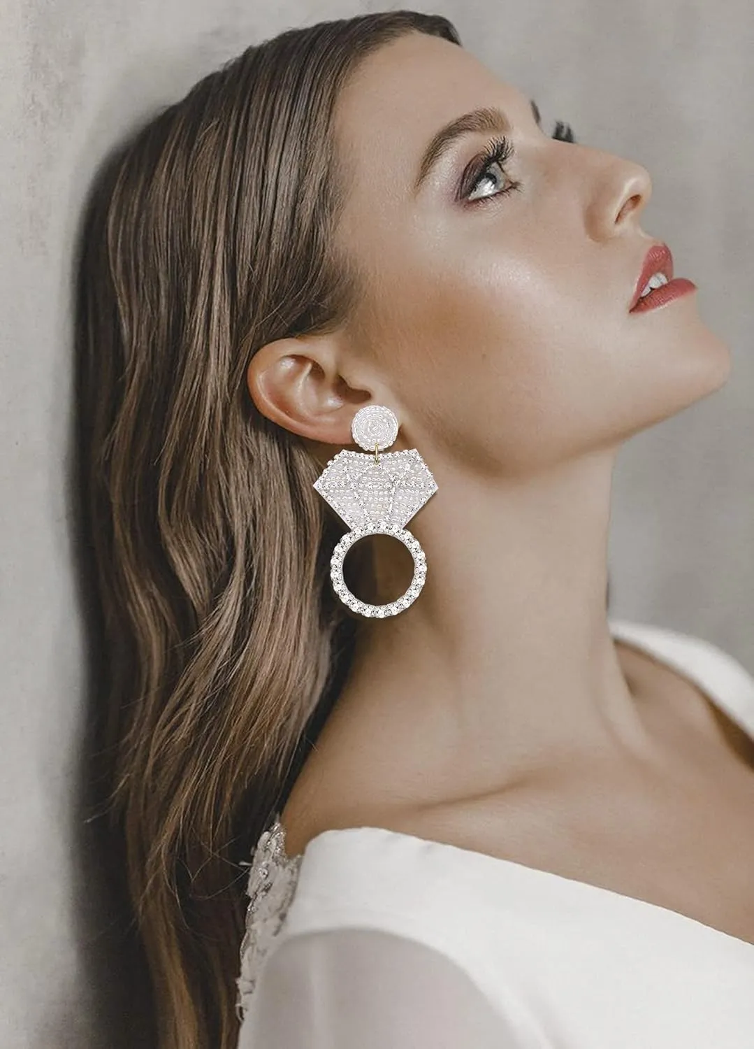 Rhinestone Wedding Bridal Earrings for Women Handmade Wedding Diamond Ring Beaded Drop Earrings Fun Statement Engagement Ring Dangle Earrings Bachelorette Party Jewelry Gifts