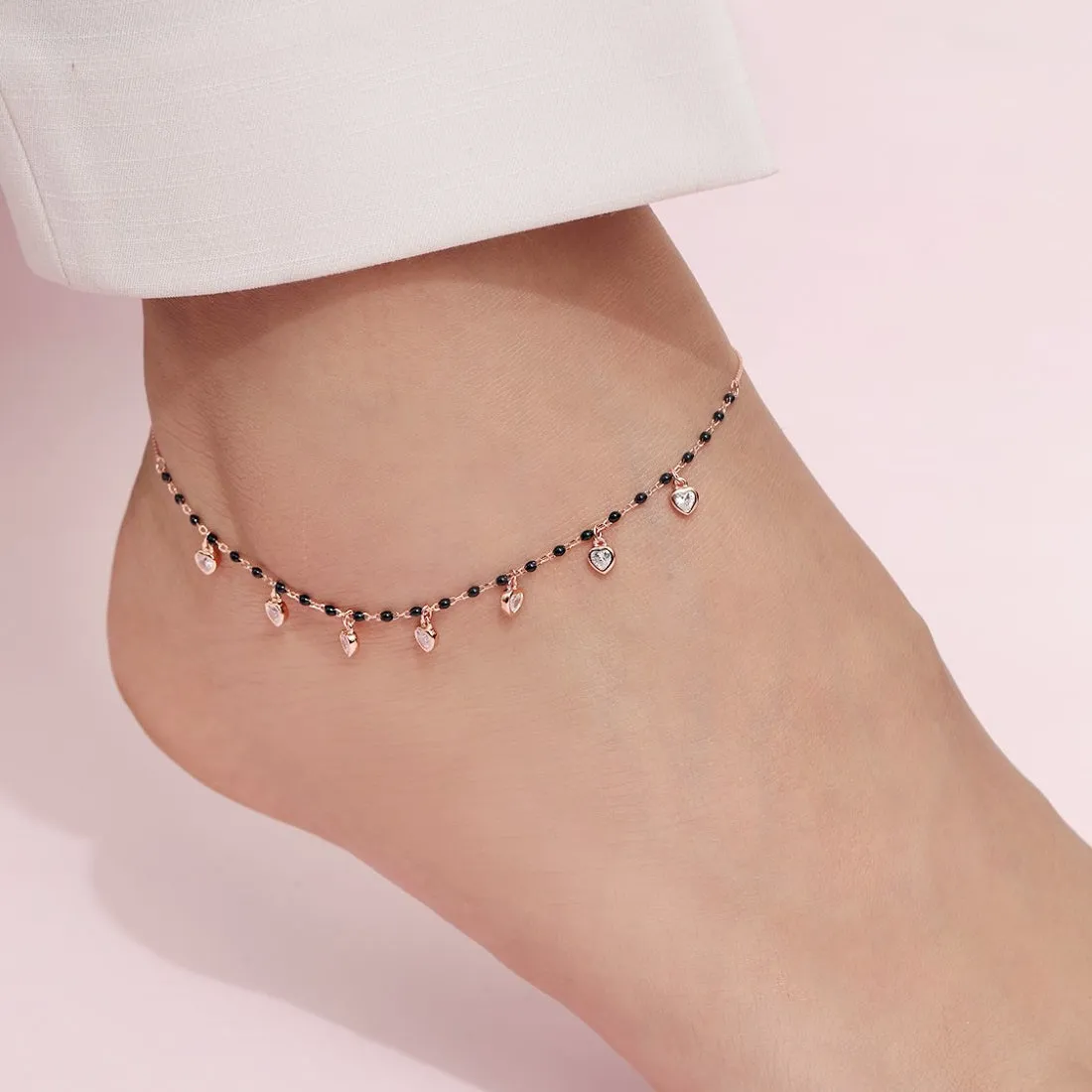 Romantic 925 Sterling Silver Heart Rose Gold Plated Anklet