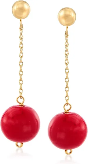 Ross-Simons 10.5-11mm Red Coral Bead Drop Earrings in 14kt Yellow Gold
