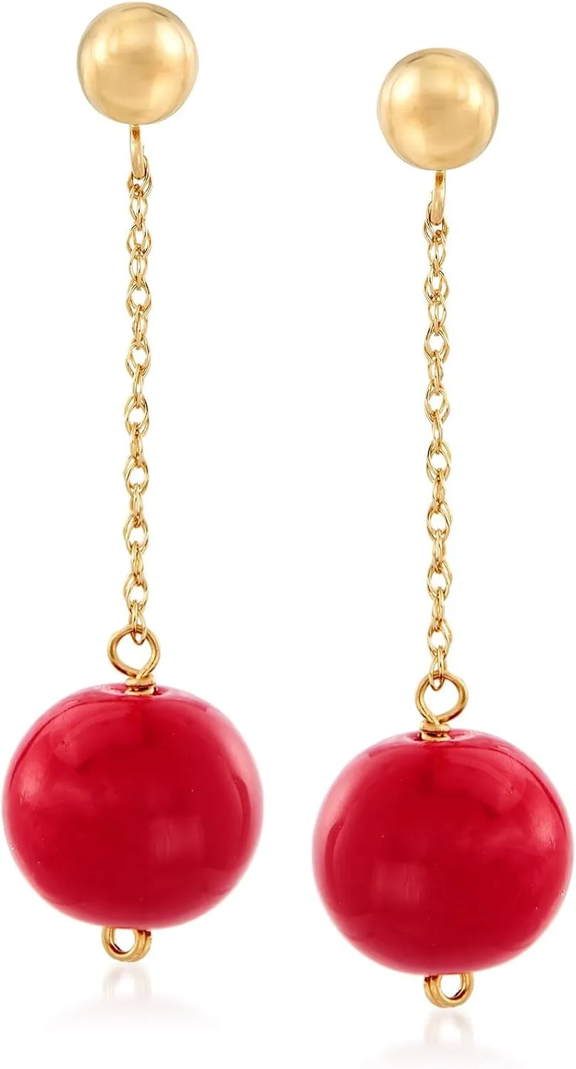Ross-Simons 10.5-11mm Red Coral Bead Drop Earrings in 14kt Yellow Gold