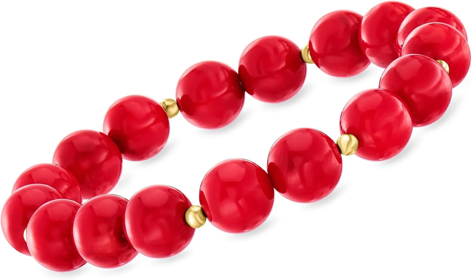 Ross-Simons 10mm Red Coral Bead Stretch Bracelet With 14kt Yellow Gold. 7 inches