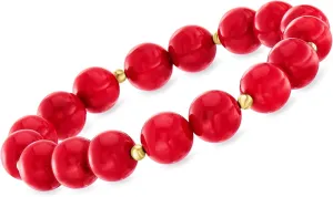 Ross-Simons 10mm Red Coral Bead Stretch Bracelet With 14kt Yellow Gold. 7 inches
