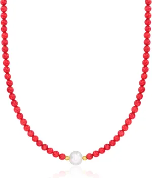 Ross-Simons 8.5-9.5mm Cultured Pearl and 4-4.5mm Red Coral Bead Necklace With 18kt Gold Over Sterling