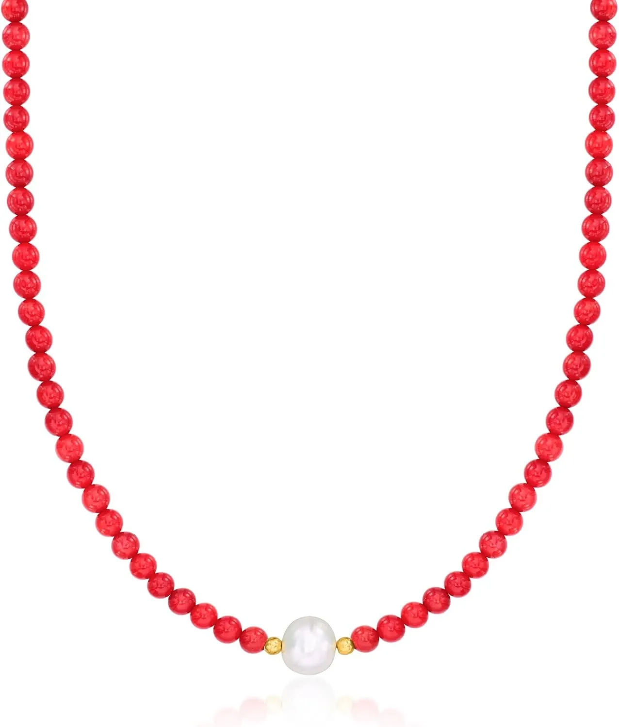 Ross-Simons 8.5-9.5mm Cultured Pearl and 4-4.5mm Red Coral Bead Necklace With 18kt Gold Over Sterling