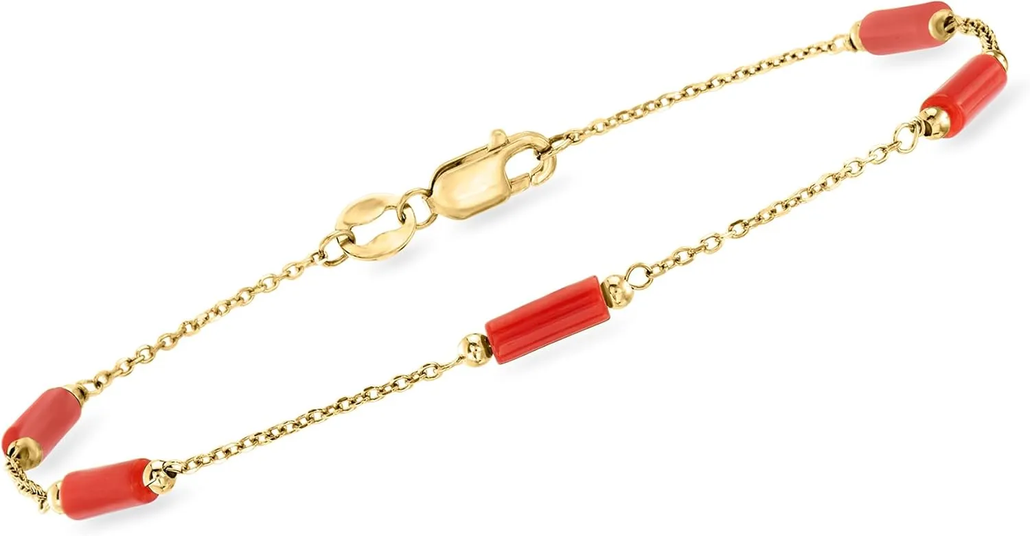 Ross-Simons Italian Red Coral Bead Station Bracelet in 18kt Yellow Gold. 7 inches