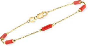 Ross-Simons Italian Red Coral Bead Station Bracelet in 18kt Yellow Gold. 7 inches