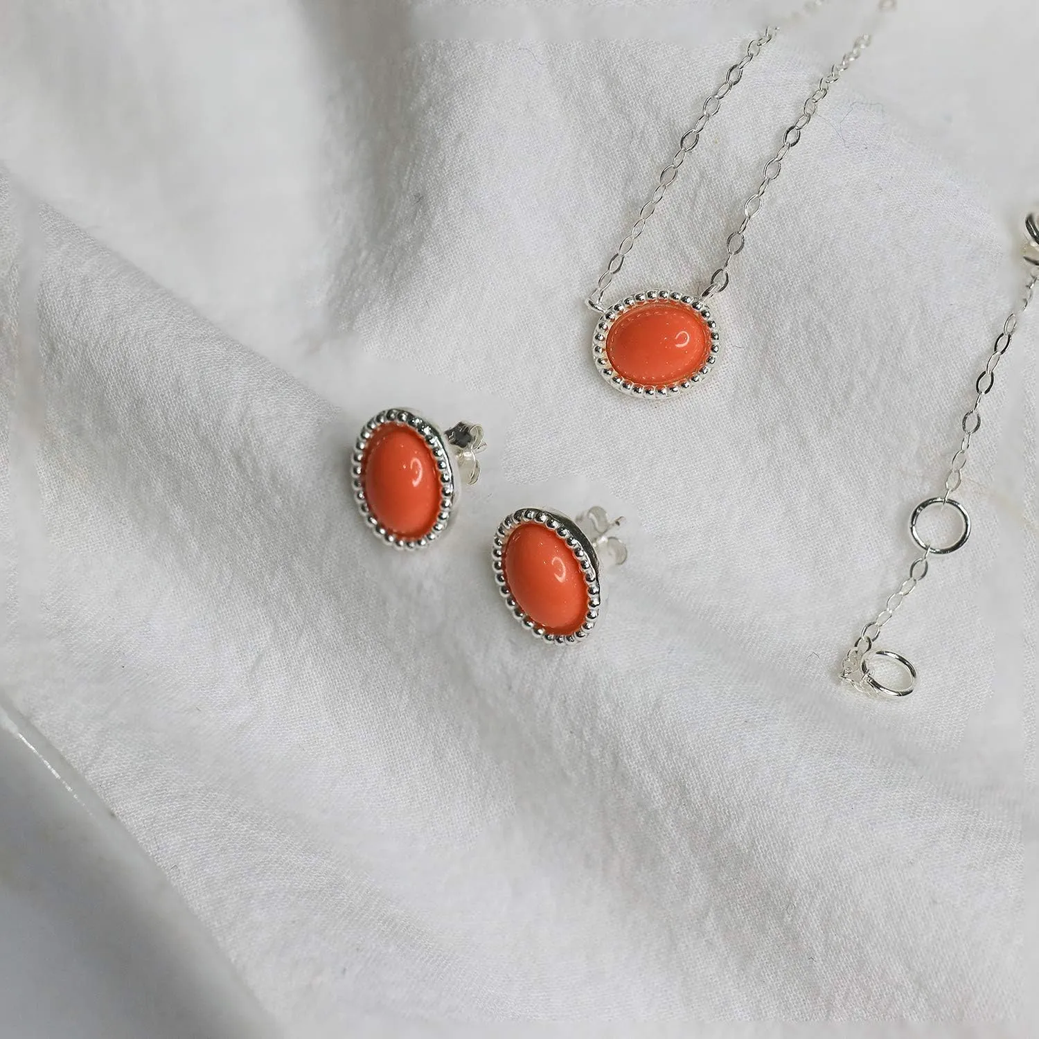 SEA OF ICE 925 Sterling Silver 8x6 Oval Shape Genuine or Simulated Gemstone Pendant Necklace, 16"  2" Extender and Stud Earrings, Jewelry Set for Women