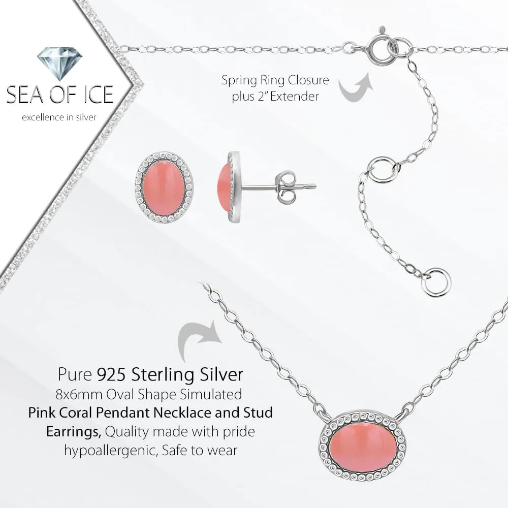 SEA OF ICE 925 Sterling Silver 8x6 Oval Shape Genuine or Simulated Gemstone Pendant Necklace, 16"  2" Extender and Stud Earrings, Jewelry Set for Women