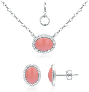 SEA OF ICE 925 Sterling Silver 8x6 Oval Shape Genuine or Simulated Gemstone Pendant Necklace, 16"  2" Extender and Stud Earrings, Jewelry Set for Women
