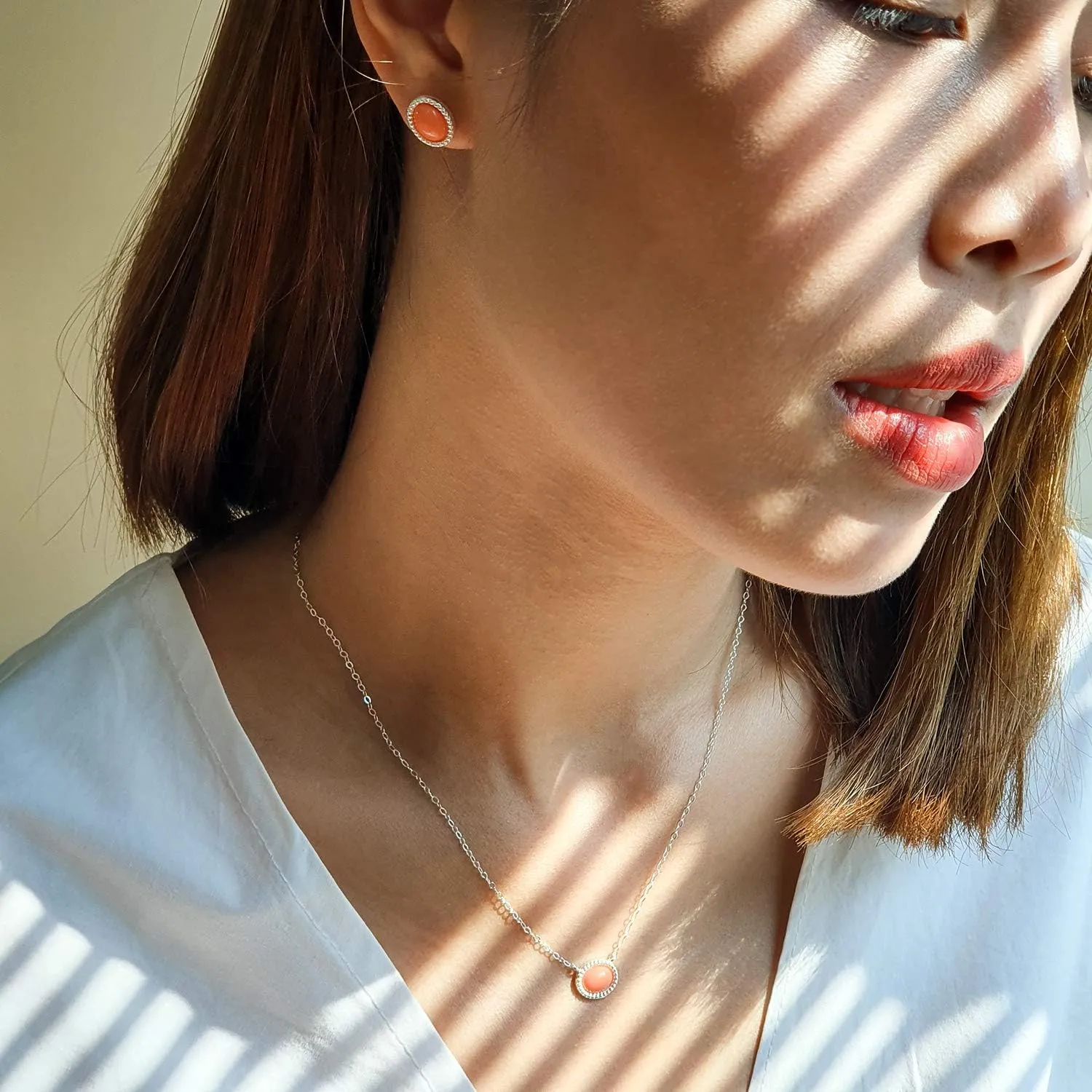 SEA OF ICE 925 Sterling Silver 8x6 Oval Shape Genuine or Simulated Gemstone Pendant Necklace, 16"  2" Extender and Stud Earrings, Jewelry Set for Women