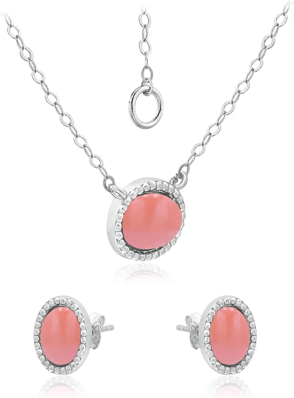 SEA OF ICE 925 Sterling Silver 8x6 Oval Shape Genuine or Simulated Gemstone Pendant Necklace, 16"  2" Extender and Stud Earrings, Jewelry Set for Women