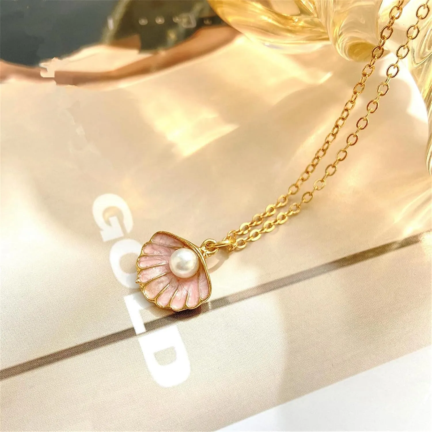 Seashell Pearl Pendant Necklace Gold Plated Boho Enamel Pink Blue Scallop Sea Shell Starfish Ocean Animal Chain Necklace for Women Hawaiian Summer Beach Holiday Fashion Jewelry Gifts