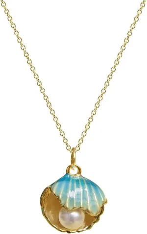 Seashell Pendant Necklace for Women, Trendy Small Green Pink Seashell Pearl Pendant Necklace, Gold Tone Cute Clamshell Necklace for Women, Beach Seashore Jewelry for Women Bohemian