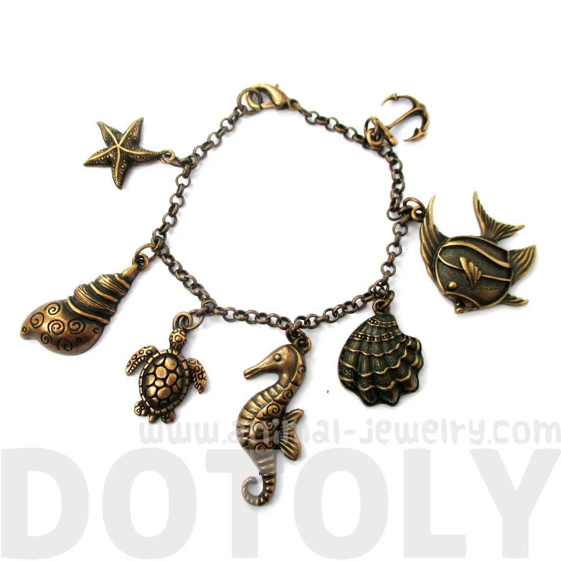 Seashell Turtle Starfish Seahorse Sea Creatures Charm Bracelet in Bronze