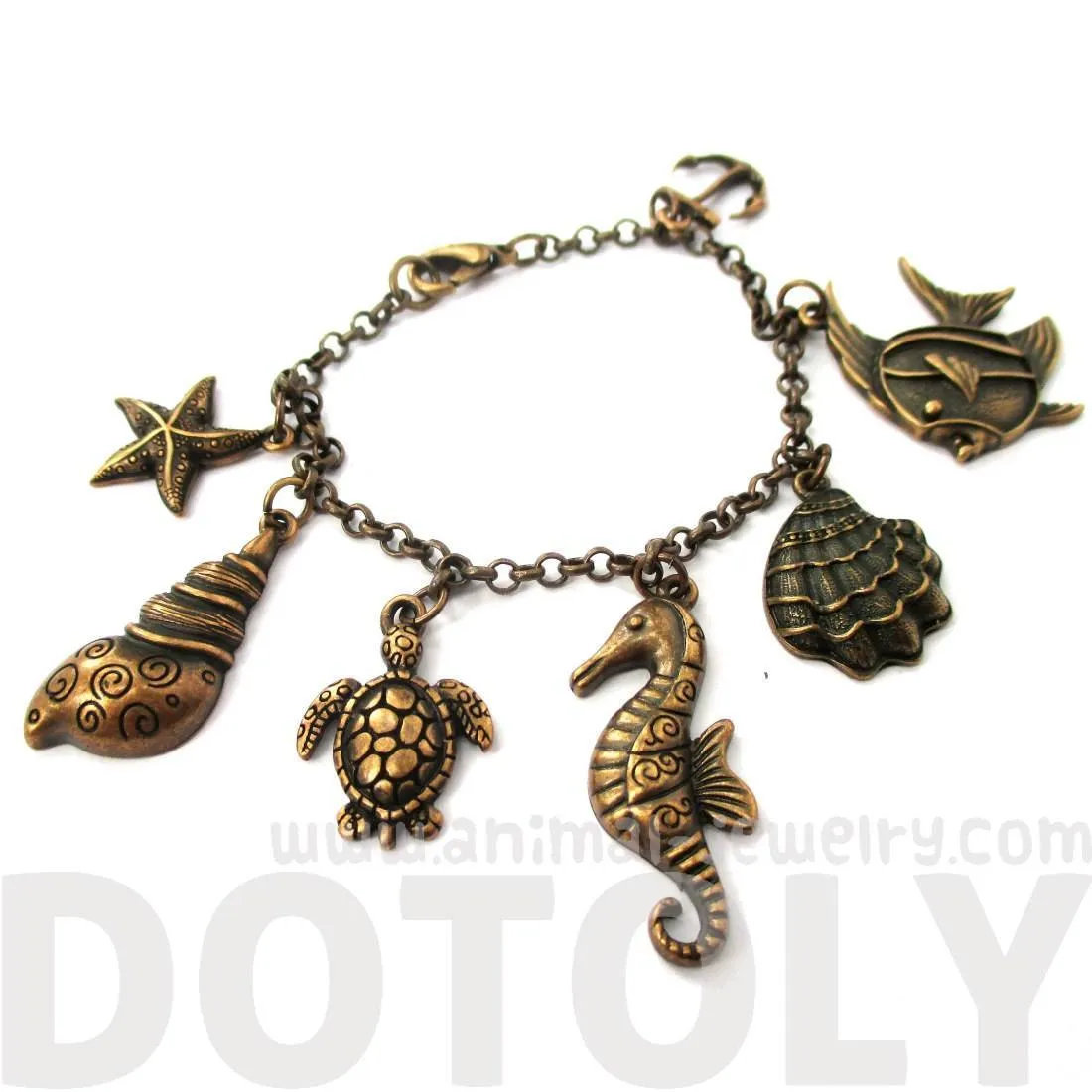 Seashell Turtle Starfish Seahorse Sea Creatures Charm Bracelet in Bronze