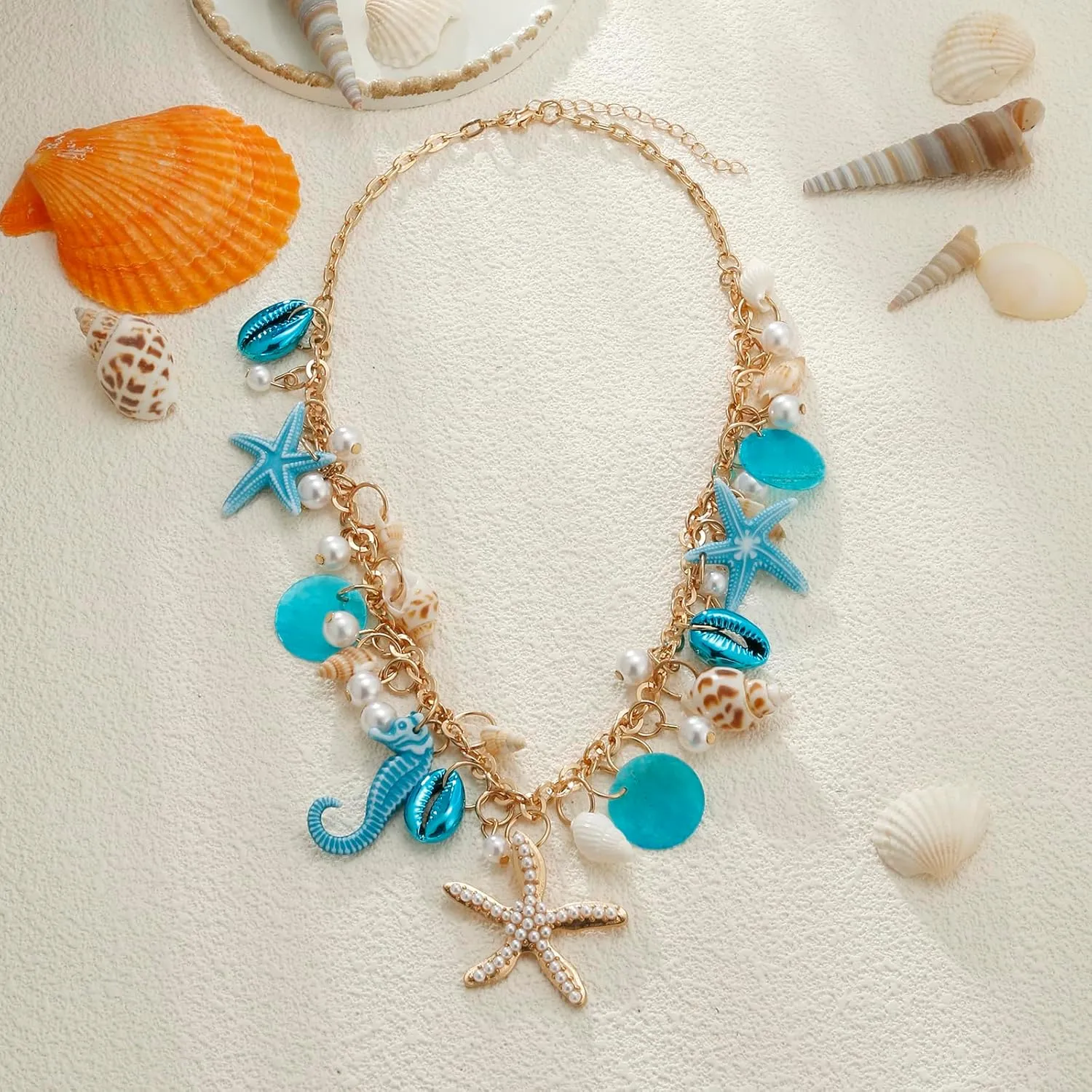 Shell Starfish Necklace Bracelet Conch Statement Chunky Necklace Mermaid Costume Jewelry Beach Jewelry for Women