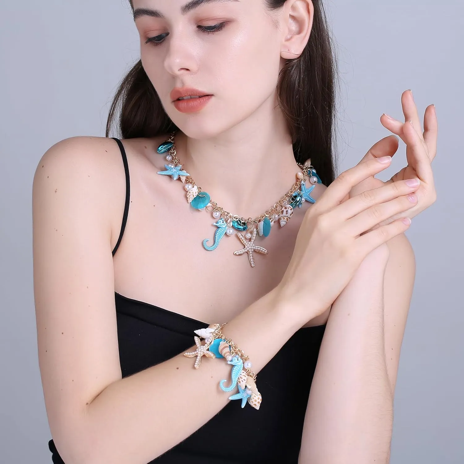 Shell Starfish Necklace Bracelet Conch Statement Chunky Necklace Mermaid Costume Jewelry Beach Jewelry for Women