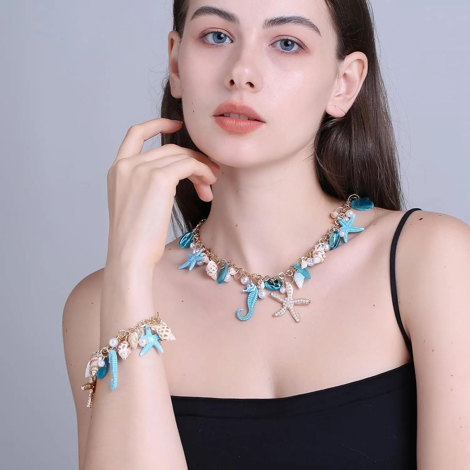 Shell Starfish Necklace Bracelet Conch Statement Chunky Necklace Mermaid Costume Jewelry Beach Jewelry for Women
