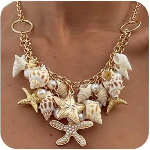 Shell Starfish Necklace for Women Charm Beach Summer Pearl Necklace Beach Jewelry for Women