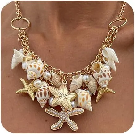 Shell Starfish Necklace for Women Charm Beach Summer Pearl Necklace Beach Jewelry for Women