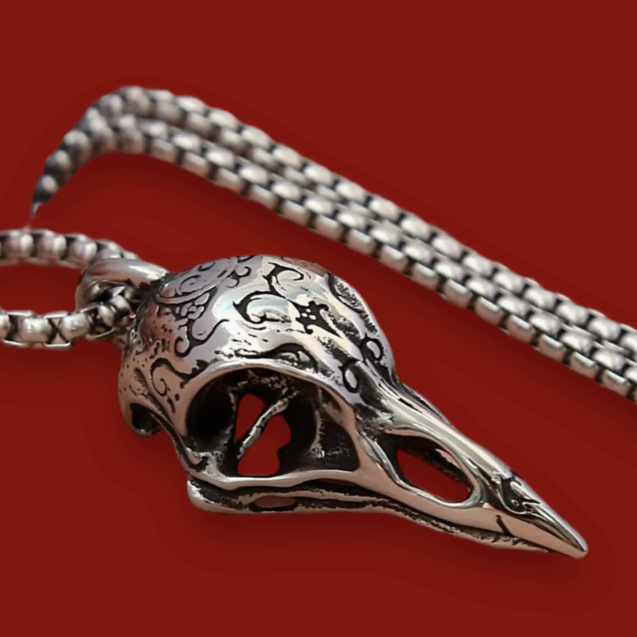 Silver Antique Raven Skull Necklace