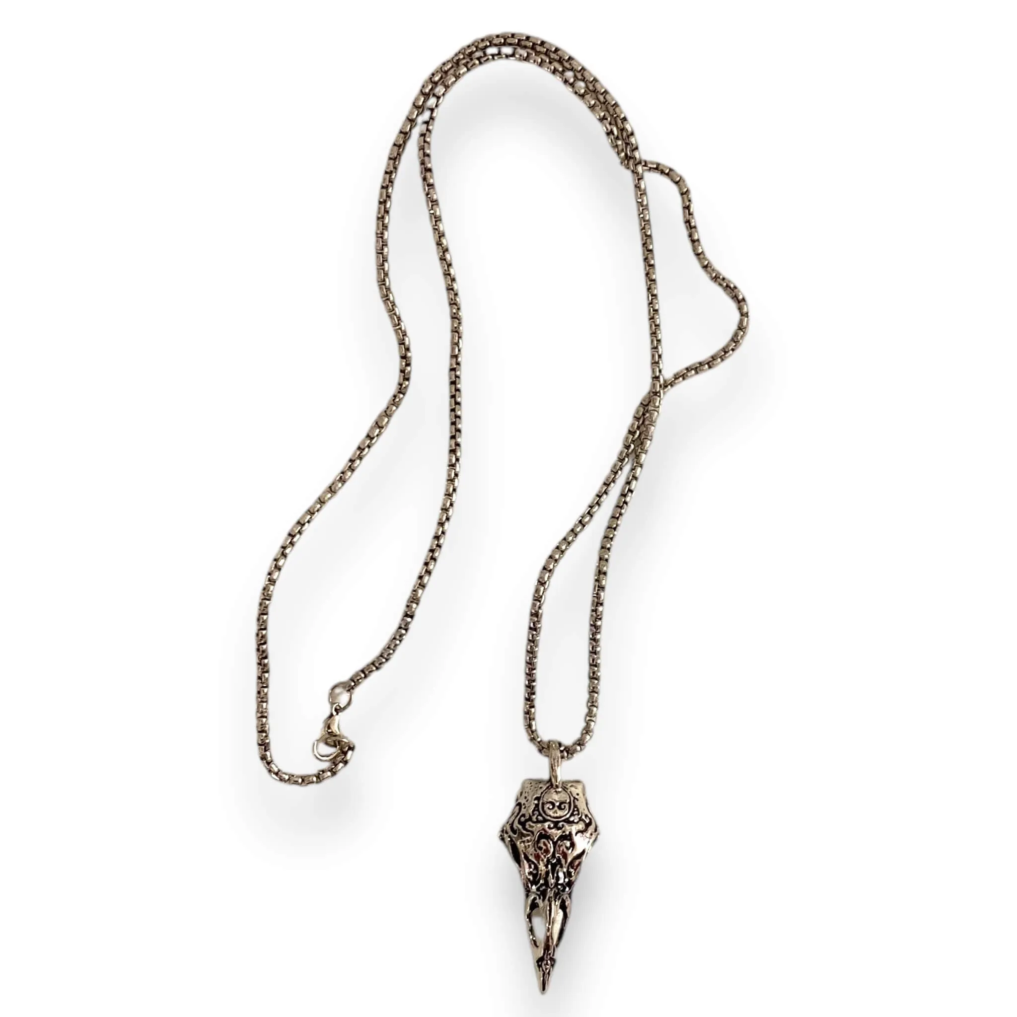 Silver Antique Raven Skull Necklace