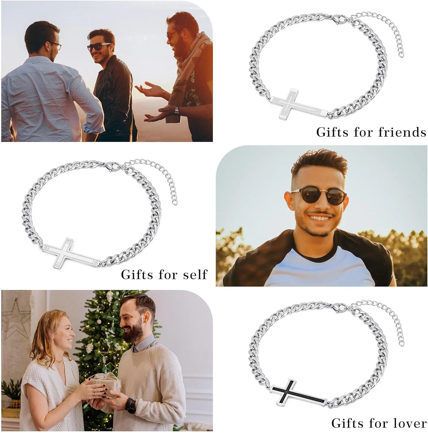 Silver Cross Bracelet for Men Teens, Stainless Steel Cuban/Figaro Cross Chain Link Bracelet 5mm 7 2 Inches, Christian Religious Jesus Confirmation Jewelry Gifts for Him