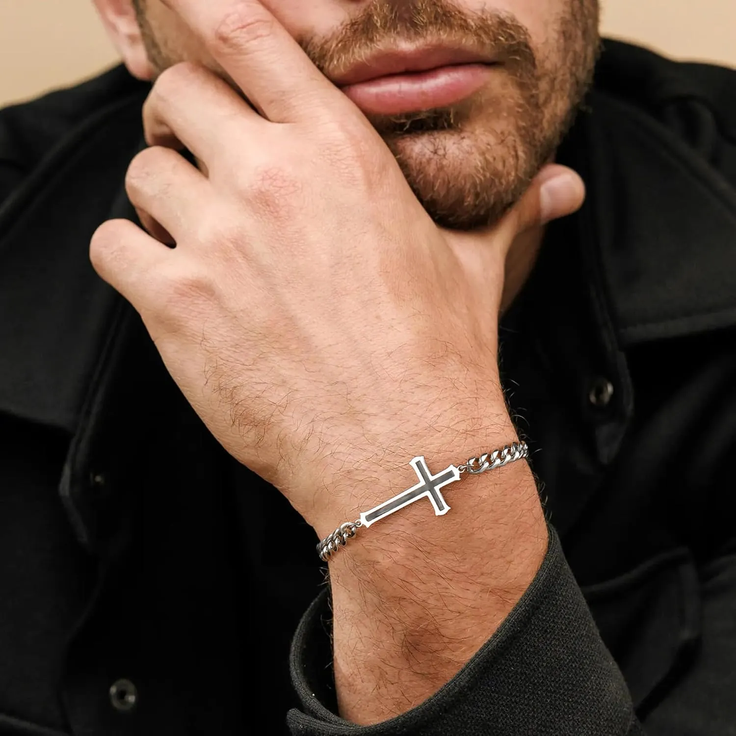 Silver Cross Bracelet for Men Teens, Stainless Steel Cuban/Figaro Cross Chain Link Bracelet 5mm 7 2 Inches, Christian Religious Jesus Confirmation Jewelry Gifts for Him