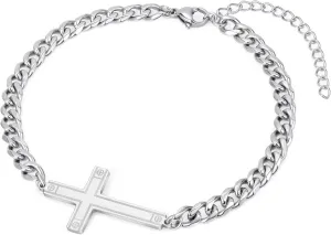 Silver Cross Bracelet for Men Teens, Stainless Steel Cuban/Figaro Cross Chain Link Bracelet 5mm 7 2 Inches, Christian Religious Jesus Confirmation Jewelry Gifts for Him