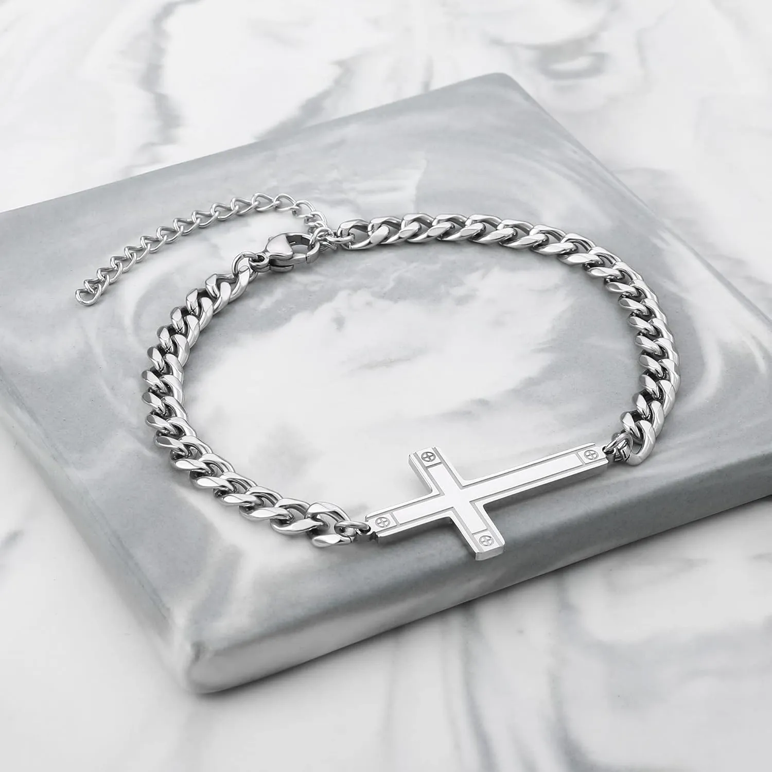 Silver Cross Bracelet for Men Teens, Stainless Steel Cuban/Figaro Cross Chain Link Bracelet 5mm 7 2 Inches, Christian Religious Jesus Confirmation Jewelry Gifts for Him