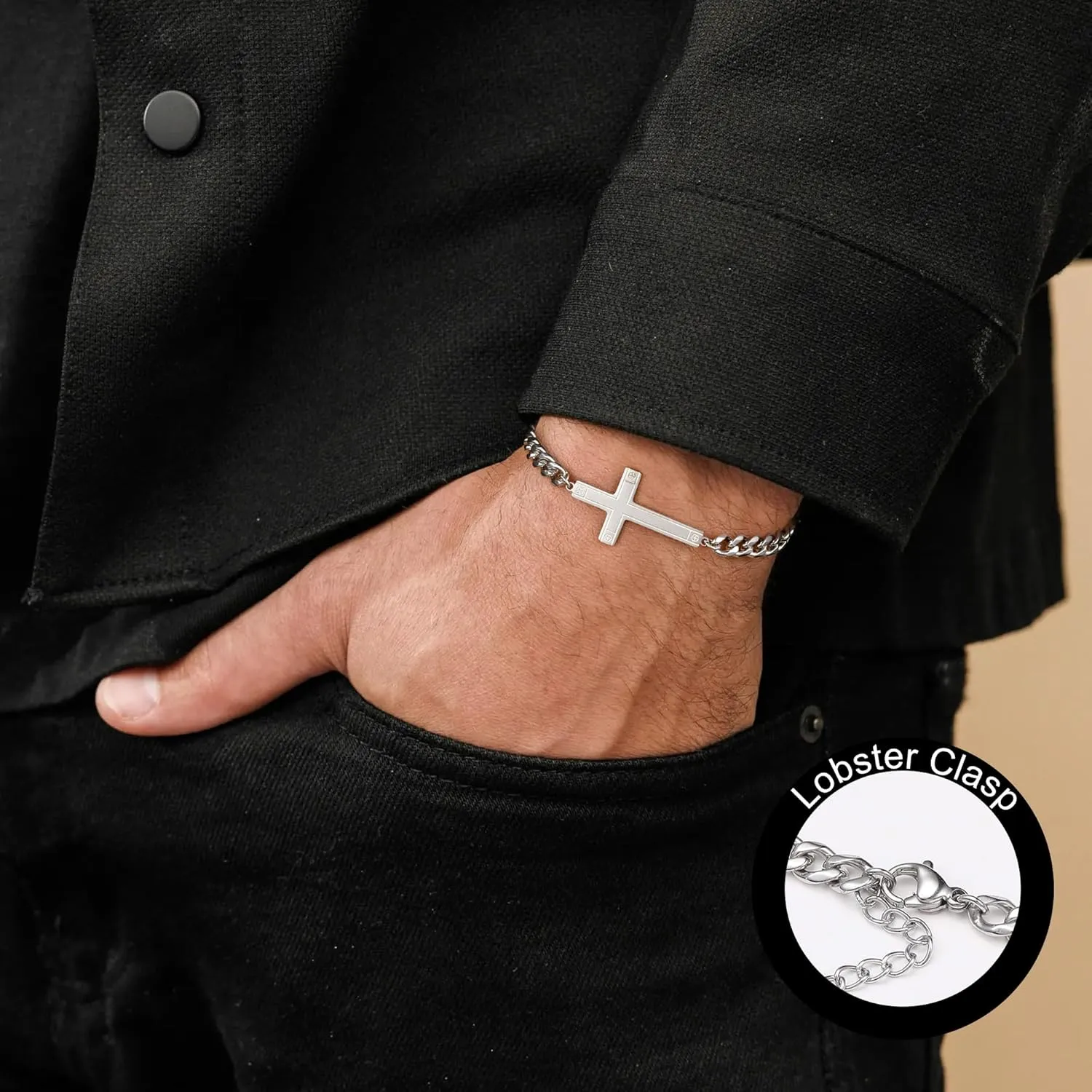 Silver Cross Bracelet for Men Teens, Stainless Steel Cuban/Figaro Cross Chain Link Bracelet 5mm 7 2 Inches, Christian Religious Jesus Confirmation Jewelry Gifts for Him