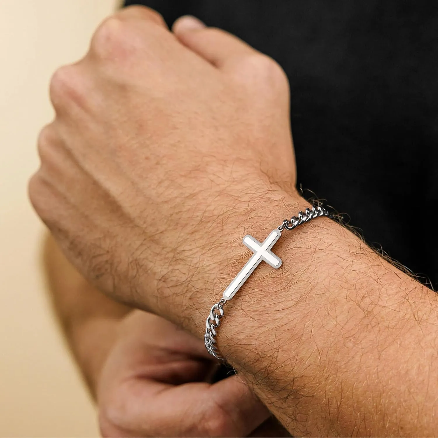 Silver Cross Bracelet for Men Teens, Stainless Steel Cuban/Figaro Cross Chain Link Bracelet 5mm 7 2 Inches, Christian Religious Jesus Confirmation Jewelry Gifts for Him