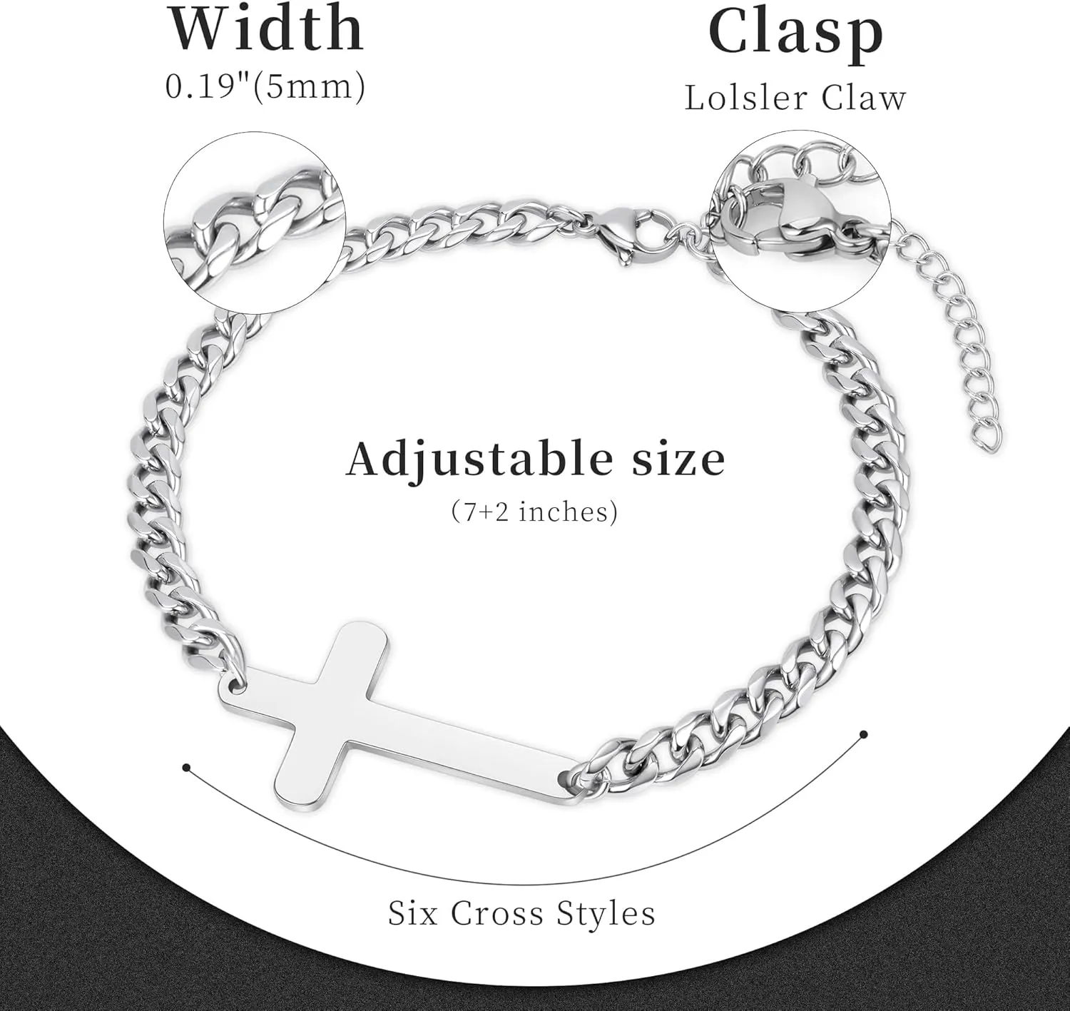 Silver Cross Bracelet for Men Teens, Stainless Steel Cuban/Figaro Cross Chain Link Bracelet 5mm 7 2 Inches, Christian Religious Jesus Confirmation Jewelry Gifts for Him