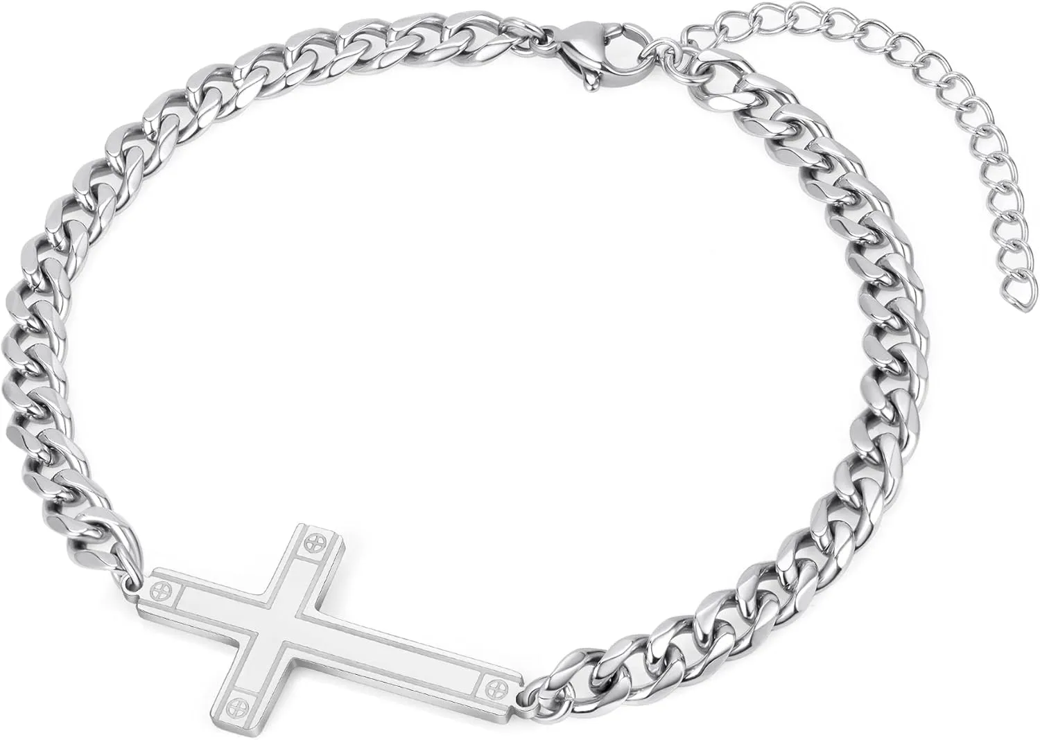 Silver Cross Bracelet for Men Teens, Stainless Steel Cuban/Figaro Cross Chain Link Bracelet 5mm 7 2 Inches, Christian Religious Jesus Confirmation Jewelry Gifts for Him