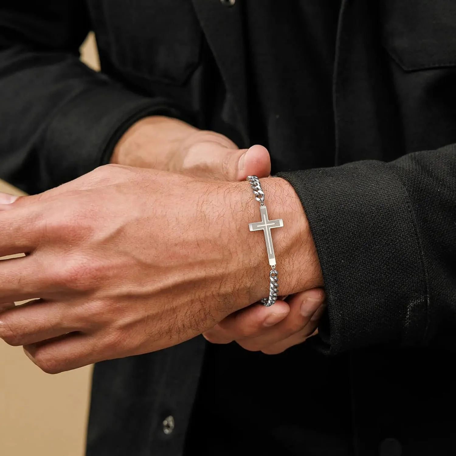 Silver Cross Bracelet for Men Teens, Stainless Steel Cuban/Figaro Cross Chain Link Bracelet 5mm 7 2 Inches, Christian Religious Jesus Confirmation Jewelry Gifts for Him