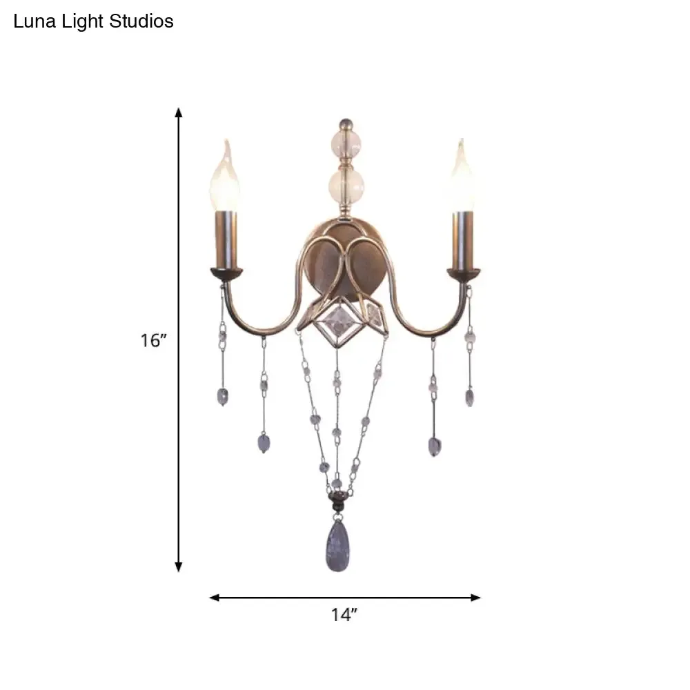 Silver Rustic Metal Candle Wall Sconce with Crystal Bracelet Décor - 2 Head Living Room Lighting