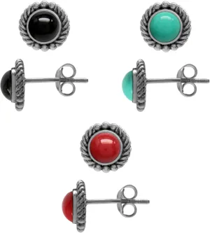Silvershake 3 Pair Set Created Black Onyx Green Turquoise and Red Coral 925 Sterling Silver Rope Stud Earrings