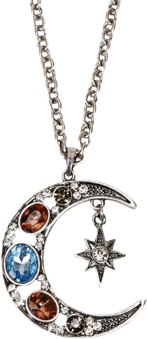 SPUNKYsoul Boho Antique Gold or Silver Tribal Crescent Moon Faceted Crystal Long Necklace for Women