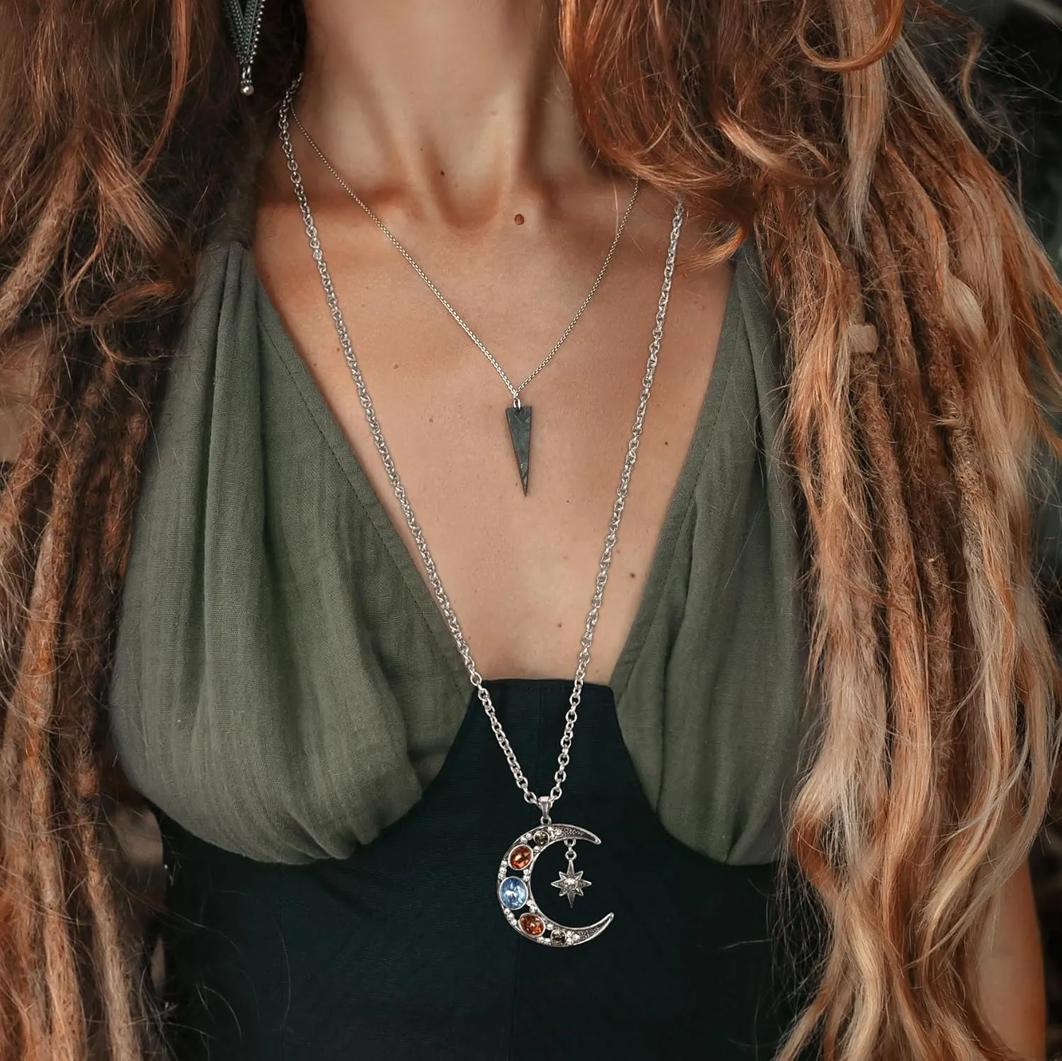 SPUNKYsoul Boho Antique Gold or Silver Tribal Crescent Moon Faceted Crystal Long Necklace for Women