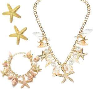 Starfish Earrings Necklace Bracelet Hair Clip Mermaid Costume Jewelry Beach Jewelry for Women, Seashells Starfish Faux Pearl Collar Bib Statement Chunky Necklace, Summer Beach Gifts for Women