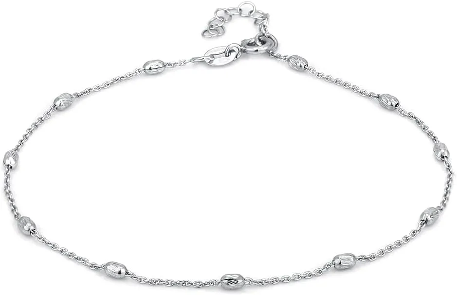 Sterling Silver Jewelry - Rhodium Plated with 925 Stamp - Silver Oval Ball Anklet - Handcrafted Beaded Chain Anklet for Women - 9" long   1" extender