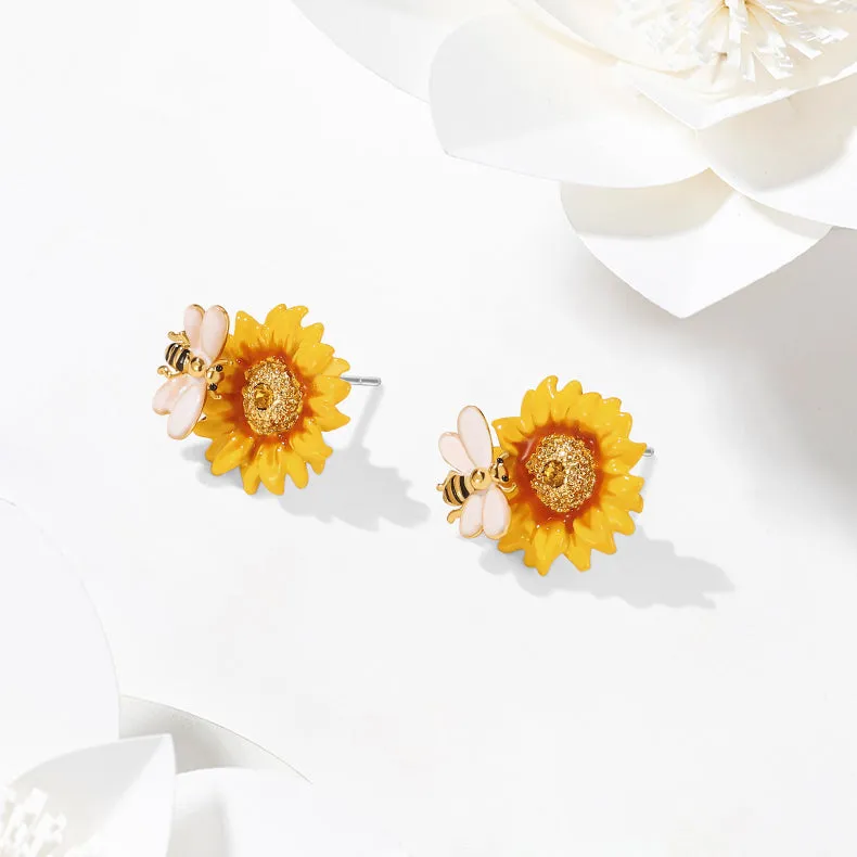 Sunflower & Bee Stud Earrings