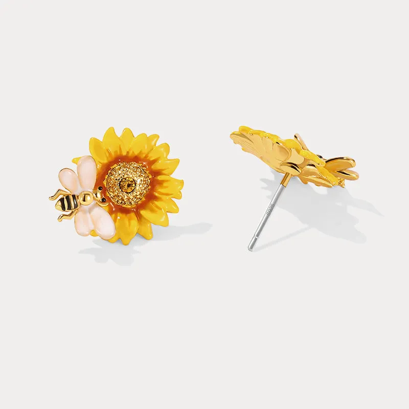 Sunflower & Bee Stud Earrings