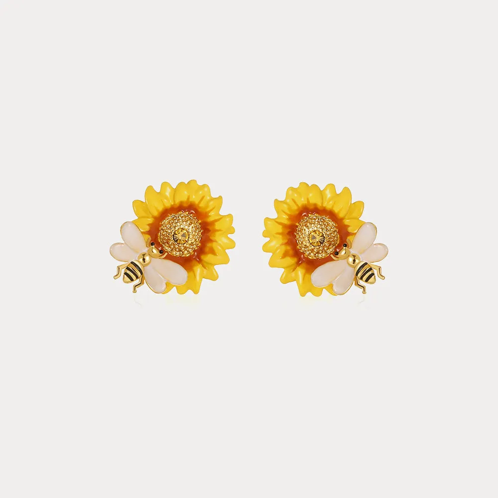 Sunflower & Bee Stud Earrings