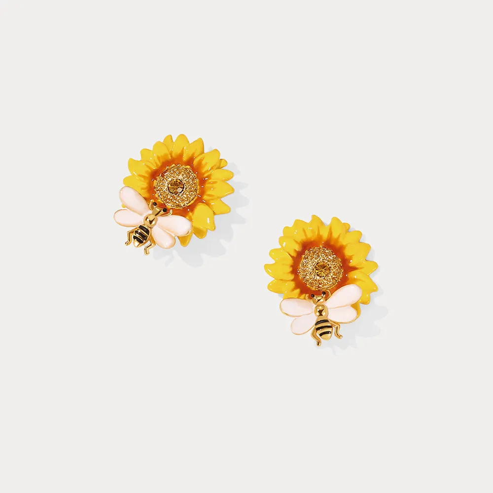 Sunflower & Bee Stud Earrings