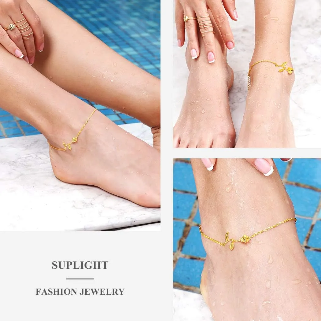 Suplight Dainty Heart/Rose Flower/Figaro Link Chain Anklet, Stainless Steel/18K Gold Plated Sturdy Waterproof Summer Beach Foot Chain for Women (with Gift Box)